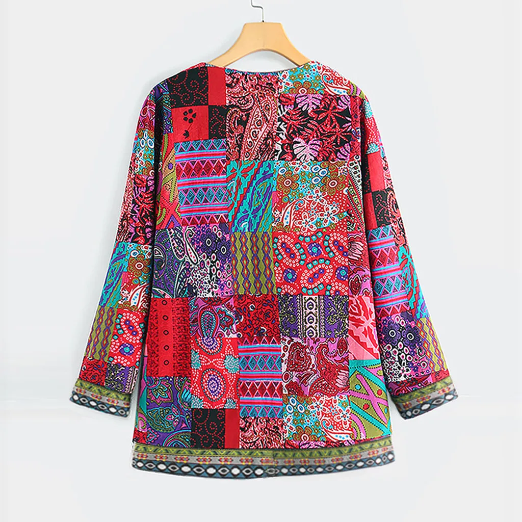 Kobiety Vintage Ethnic Style Floral Print Long Sleeve Plus Size Cotton Jacket Coat Chaqueta Mujer Roupas Femininas пальто женское