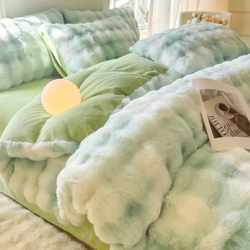 Winter Milk Velvet 4Pcs Bedding Set Thick Fleece Soft Duvet Cover Set Cozy Skin Friendly Machine Washable Bed Sheet Pillowcases