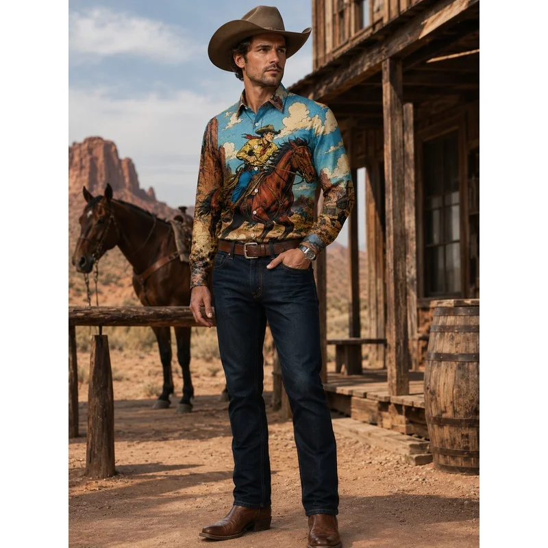 Denim Print Long Sleeve Shirt, Western Casual Style, American Retro Trend Men'S Long Sleeve, Denim Knight Elements