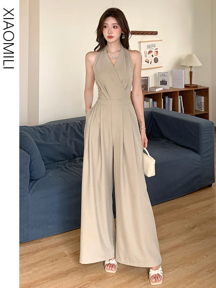 

Elegant V-Neck Hanging Neck Sleeveless One-Piece Pants Women Summer High Waist Belted Long Pants Wide Leg Pants High Waist