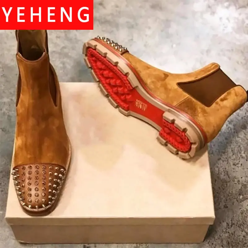 

New Me's Chelsea Boots Flock Rivet Square Toe Red Sole Punk Leather Shoes Handmade Casual Retro Men Short Boots Free Shipping