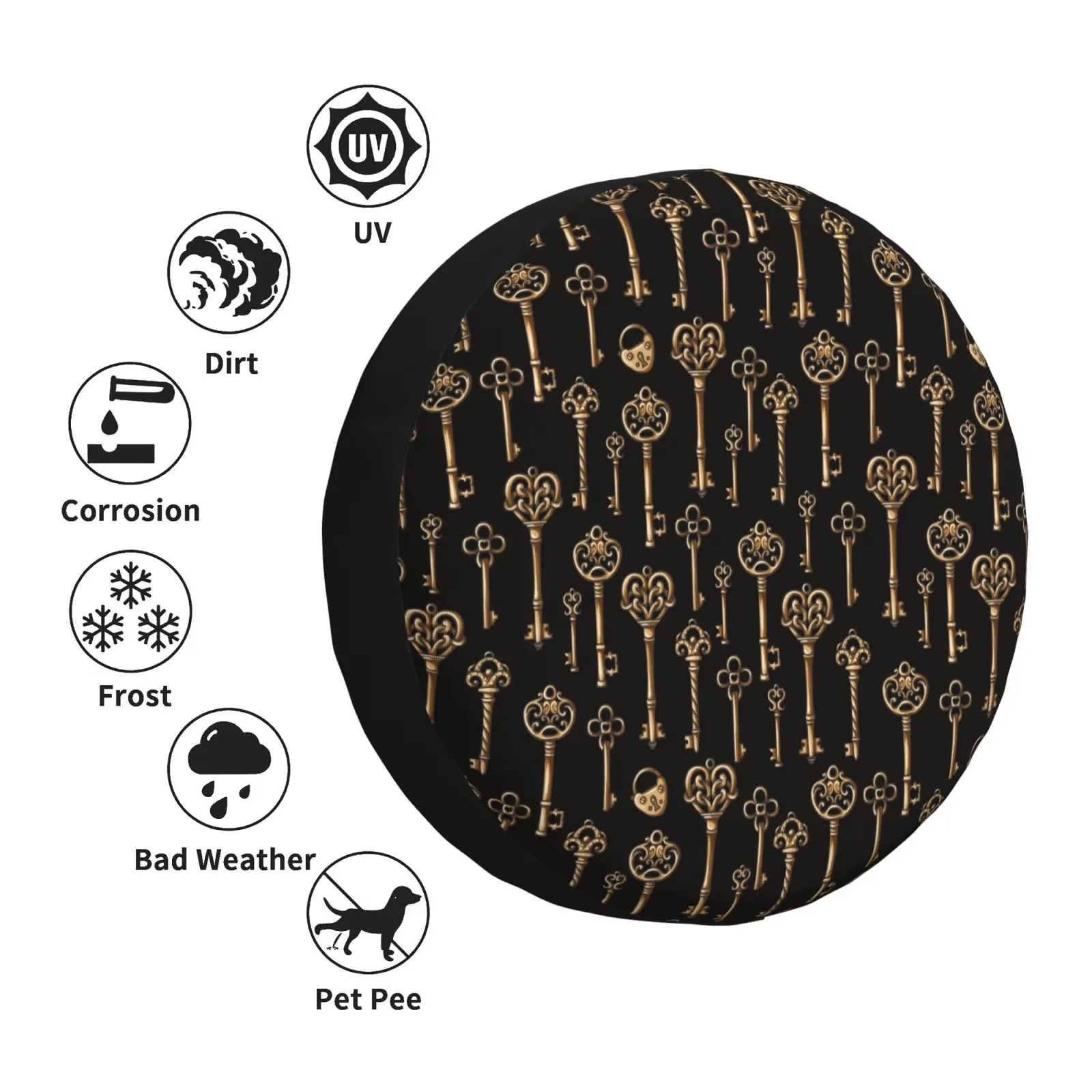 Vintage Gold Keys Pattern Tire Cover Waterproof Dustproof Adjustable Spare Tire Protector for SUV