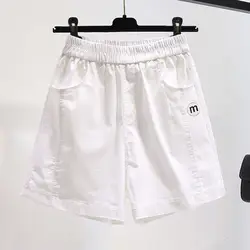 2024 summer Simple High Waist Women's Embroid Pocket Elastic Waist Versatile A-line Loose Slimming Thin Wide Leg Casual Shorts