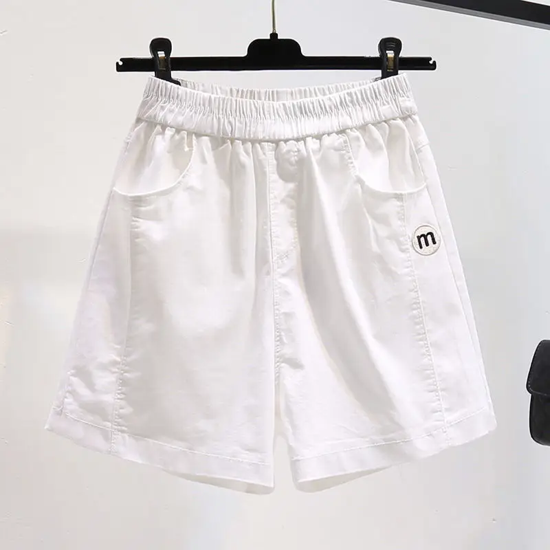2024 summer Simple High Waist Women's Embroid Pocket Elastic Waist Versatile A-line Loose Slimming Thin Wide Leg Casual Shorts