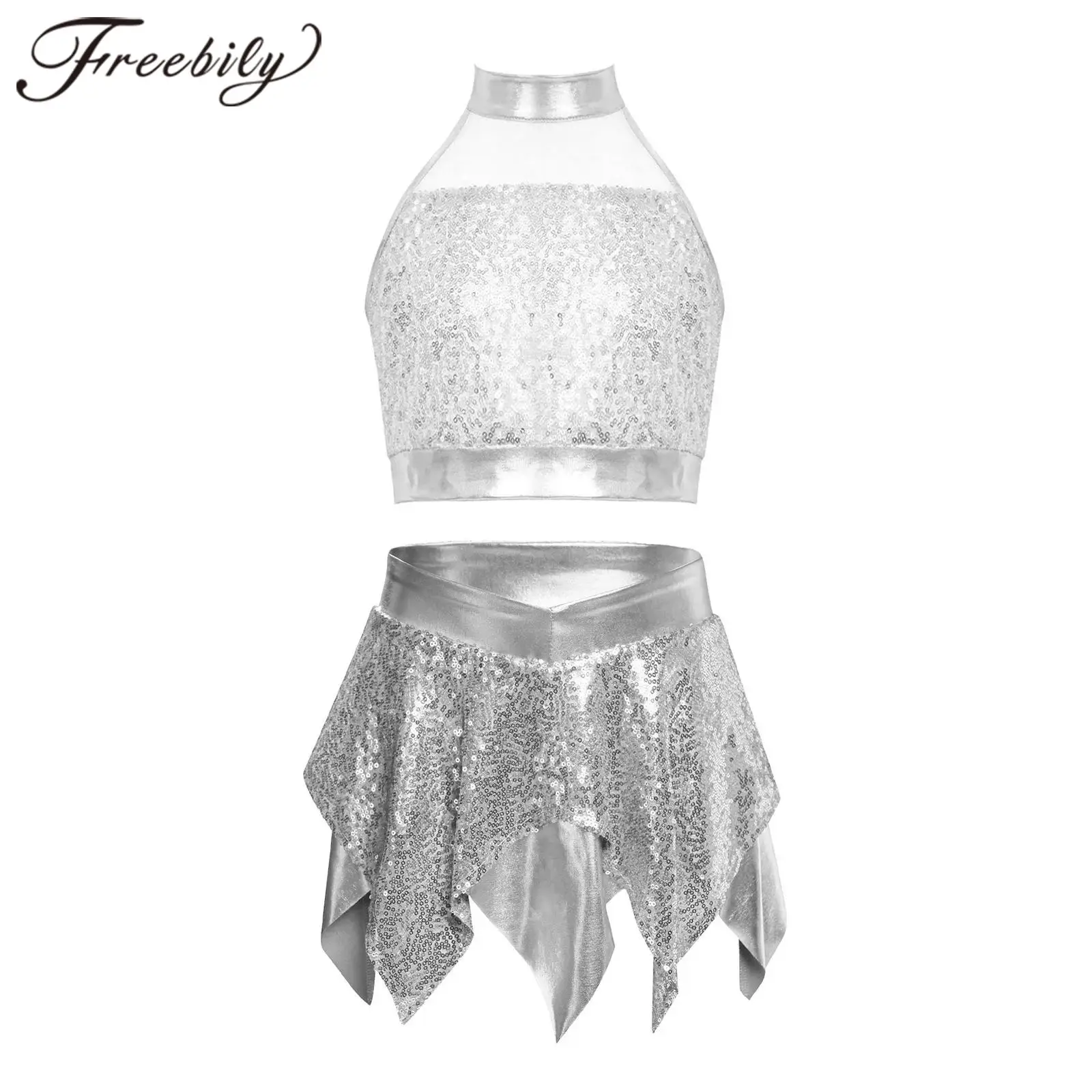 

Children Sparkling Sequin Metallic Dancewear Sets Kids Girls Latin Dance Performance Chacha Jazz Disco Festival Party Outfit