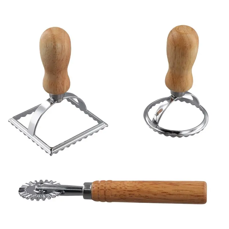 A67M-3Pcs Ravioli Stamp Maker Cutter With Roller Wheel Set,Mold With Wooden Handle For Pasta,Dumplings Lasagna,Pies