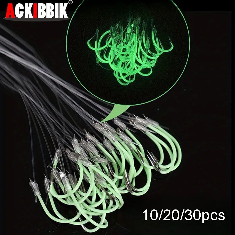 Ackibbik 12-28# Luminous Fishing Hooks Glow in Dark Fish String Hooks Fishhook with PE Line for Night Fishing Carp Accessories