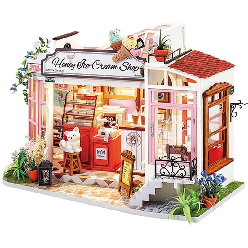 Animazione Kawaii Negozio di gelati Fai da te Cabina fatta a mano Arte Casa Casa Scena in miniatura Modello Ornamento Blocchi di costruzione Regalo di compleanno