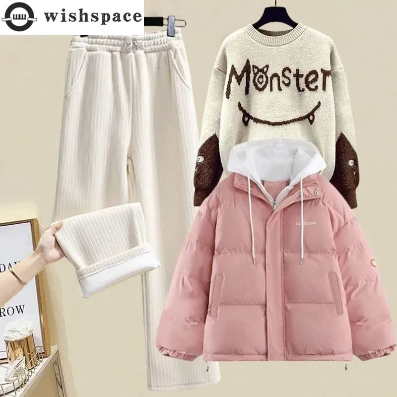 Korean Style Plush and Thick Cotton Jacket Hoodie Knit Sweater Pullover Casual Wide Legged Pants Elegant Women\'s Three Piece Age