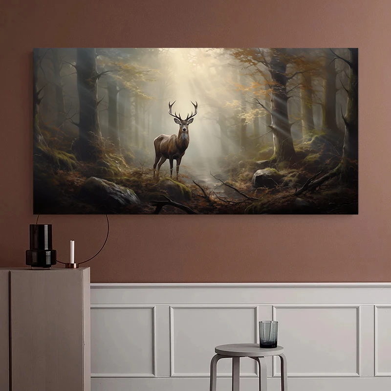 الغزلان خمر في الغابات الضبابية الغامضة الحيوانات البرية طبيعة المشهد المشارك حائط لوح رسم الفن صور ديكور غرفة نوم المنزل #4