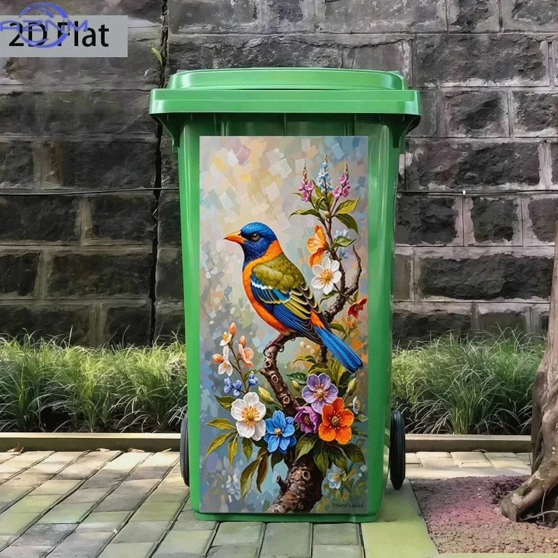 1pc Colorful Feathered Bird and Flower Design Trash Can StickerSelf-adhesive Wall Decal for Kitchen Trash Bins and Home Decor,
