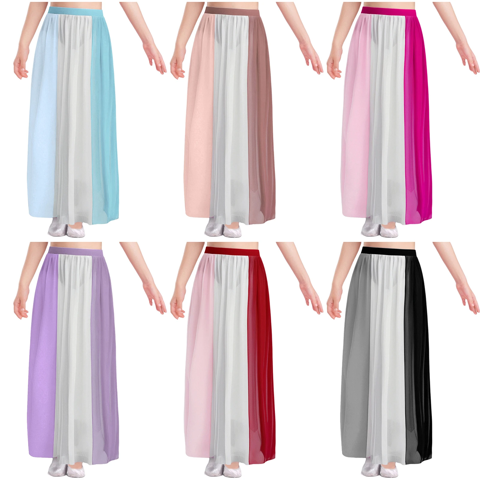 กระโปรงเต้นรำสำหรับเด็กผู้หญิง กระโปรงเต้นรำลิริคอล โมเดิร์น สำหรับการแสดงบนเวที ชุดแสดงเต้นรำ กระโปรงยาวผ้าชีฟองพลิ้วไหว แต่งสีตัดกัน กระโปรงบัลเลต์