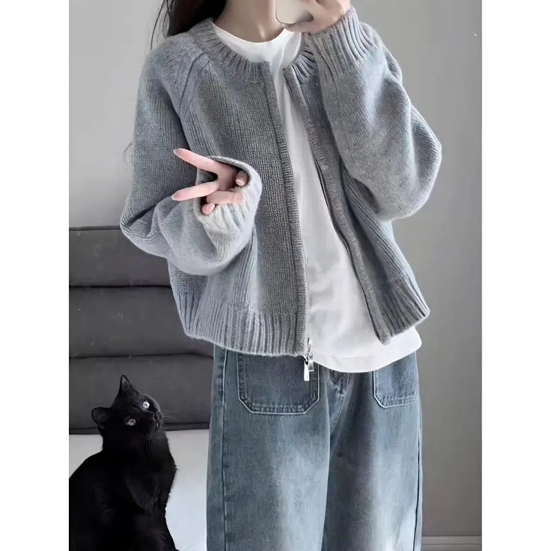 Vintage Zipper Knit Cardigan Long Sleeve Sweater O-neck Cropped Jackets Streetwear Korean Short Tops Spring Autumn Outerwear New