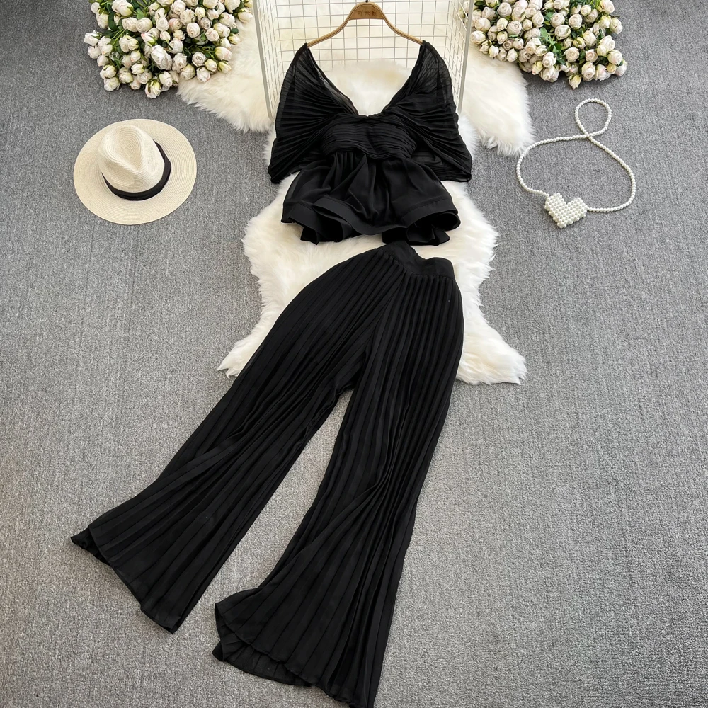 Pant Set Women Two Piece Sets V Neck Ruffles Bat Sleeve Short Tops Wide Leg Long Pants Elastic Waist Y2k Streetwear Elegant