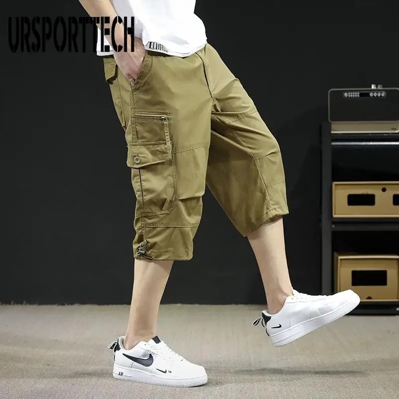 

URSPORTTECH Summer Cargo Shorts Men Fitness Gym Shorts Casual Sportswear Shorts Male Elasticity Male Beach Shorts Men Oversized