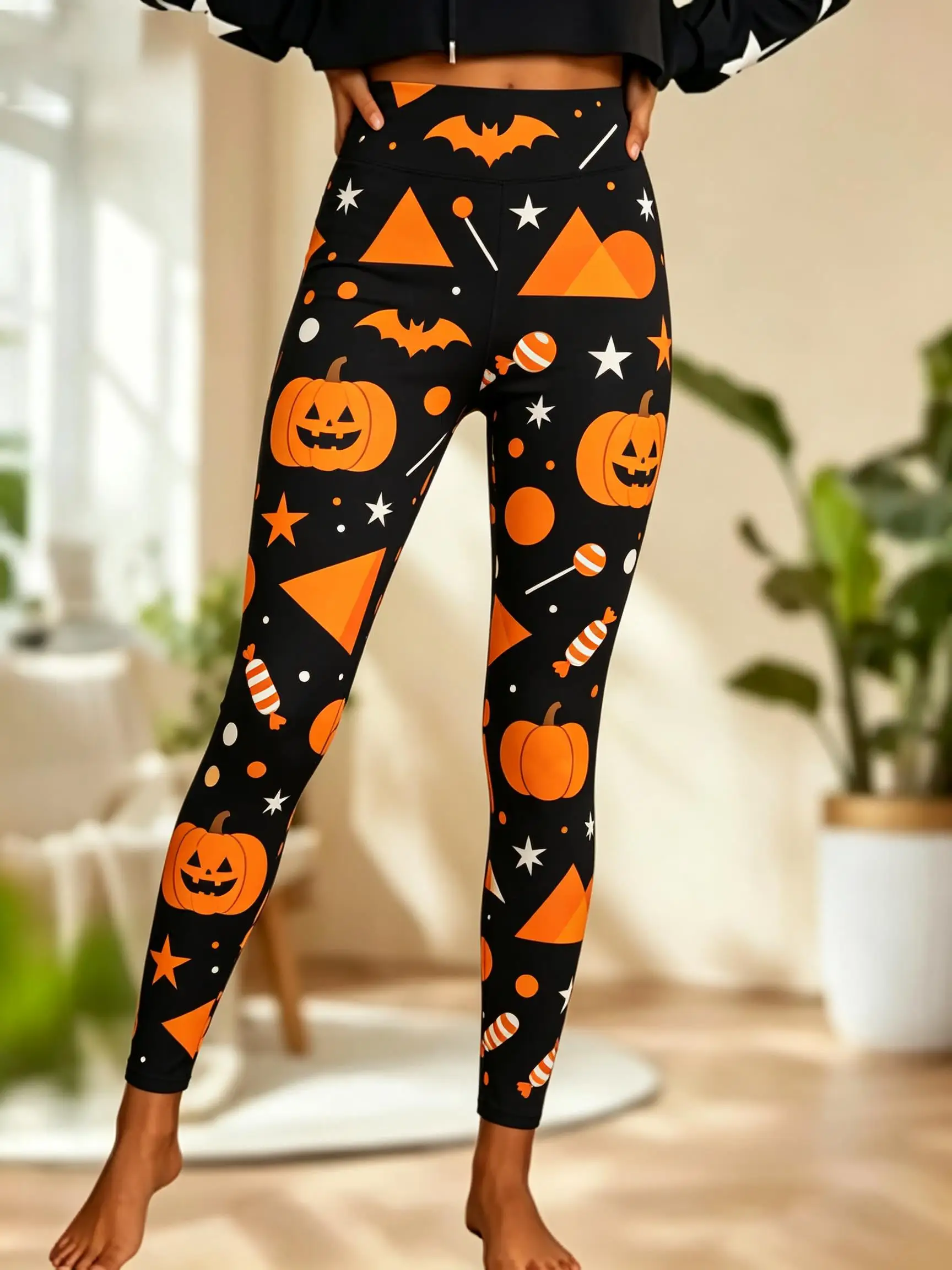 Women Mid Waist Fleece Lined Leggings Halloween Pumpkin Bat Candy Star Print Slim Stretch Party Cosplay Trousers