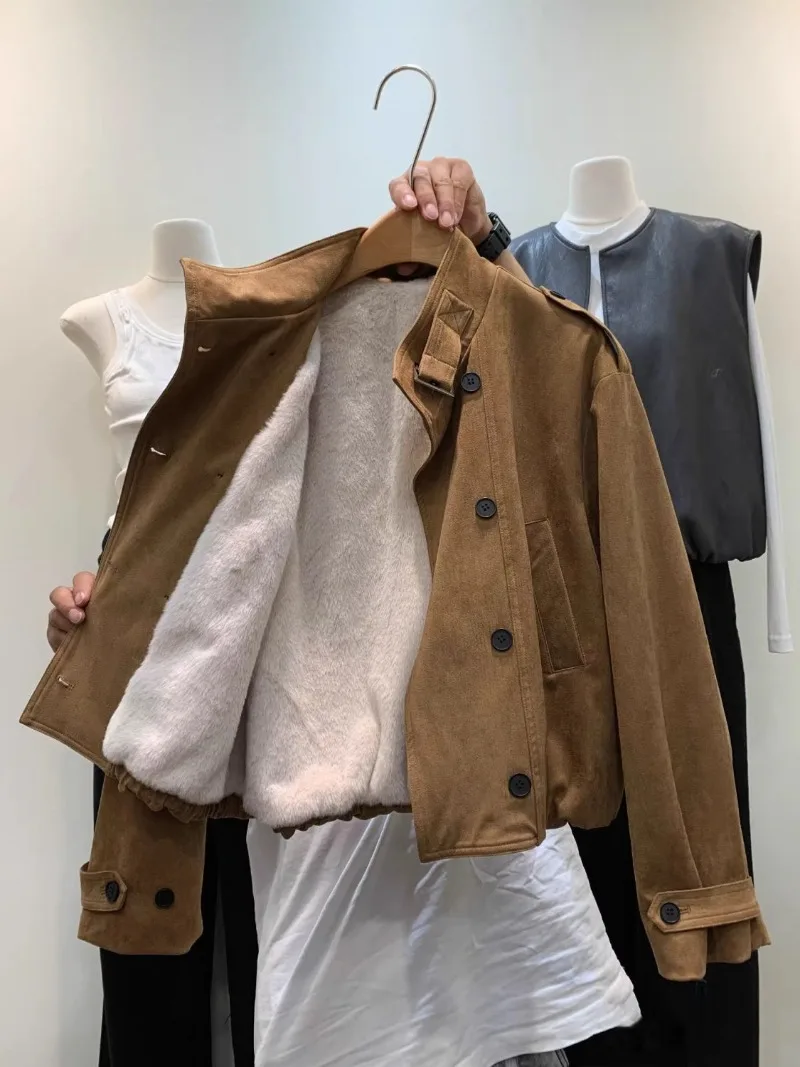 

Fleece Thickened Double-Breasted Deerskin Fleece Jacket for Women's Winter Handsome Stand-up Collar Warm Short Trench Coat Tide