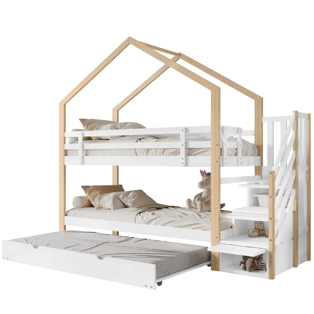 PINGGO Naturweißes Holzhausbett 90x200+90x190cm Kinder-Etagenbett mit Rutsche, Treppe, 3 Schubladen, Sicherheitsgeländer, ohne Matratze – Detail 11