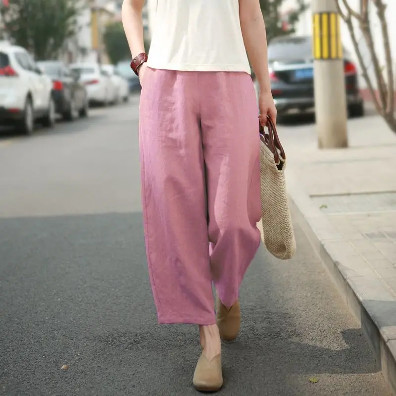 Women Summer Simplicity Loose Elegant Solid Color High Waist Appear Thin Wide Leg Women Clothes Casual All-match Cropped Pants