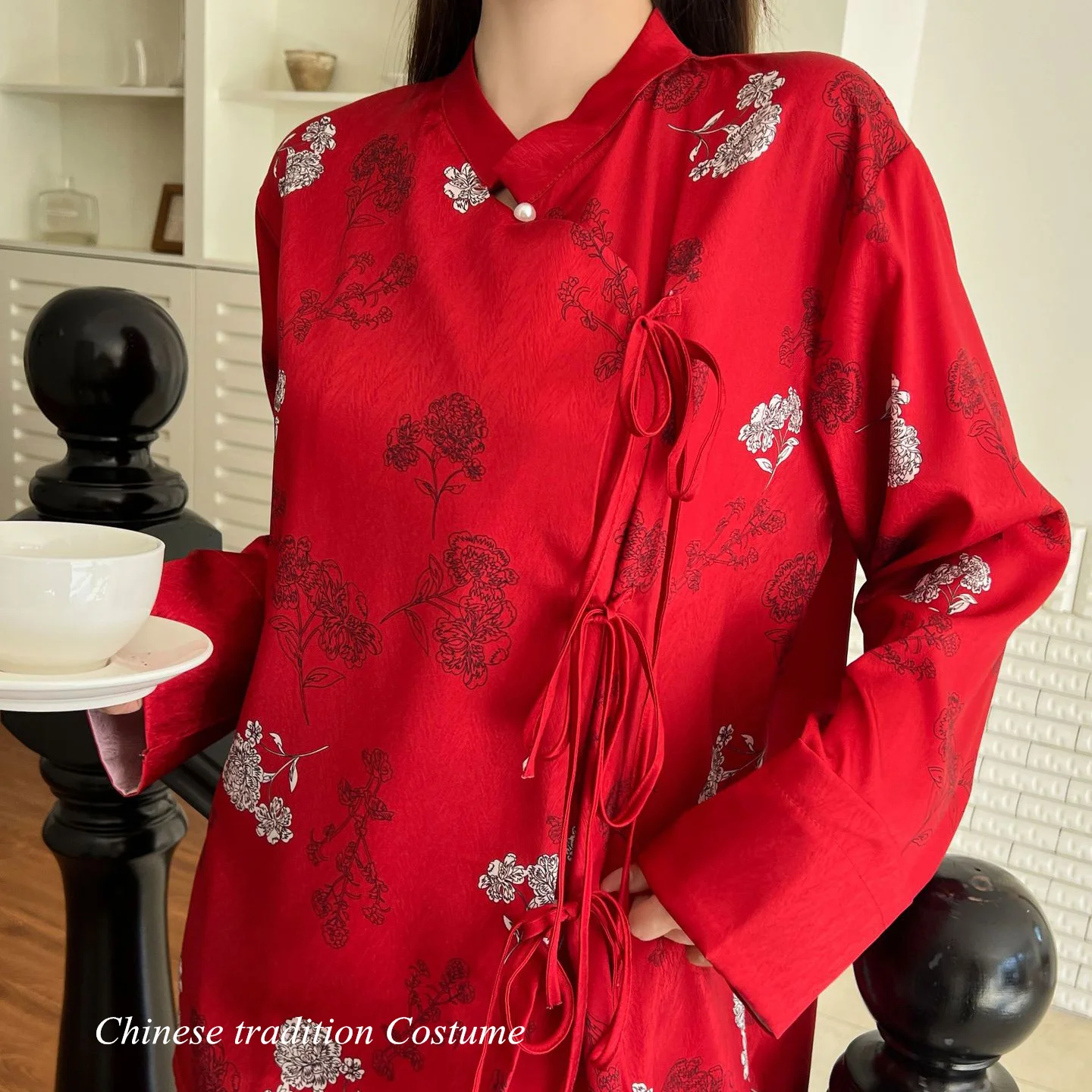 Red Chinese Style Pajamas Set Long Sleeve Homewear Satin Jacquard Nightwear Loose Top&pants 2Pcs Pijamas Women Sleepwear