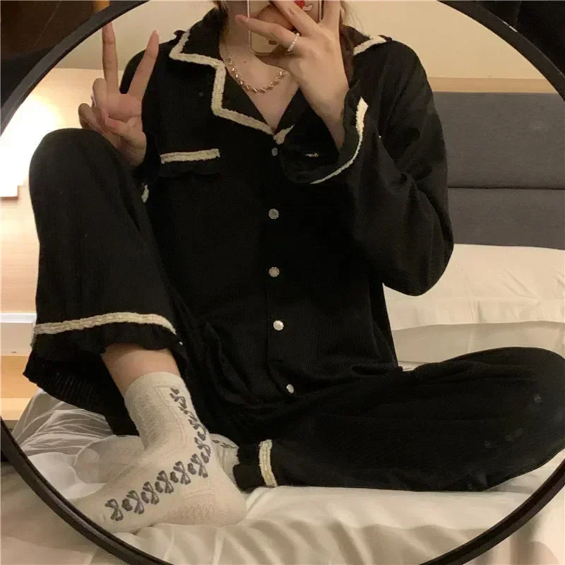 Print Pajama Set Korean Fashion Long Sleeve Tops Trousers Pyjamas Set Sleepwear Home Loungewear Cute Autumn Pj Sets for Women