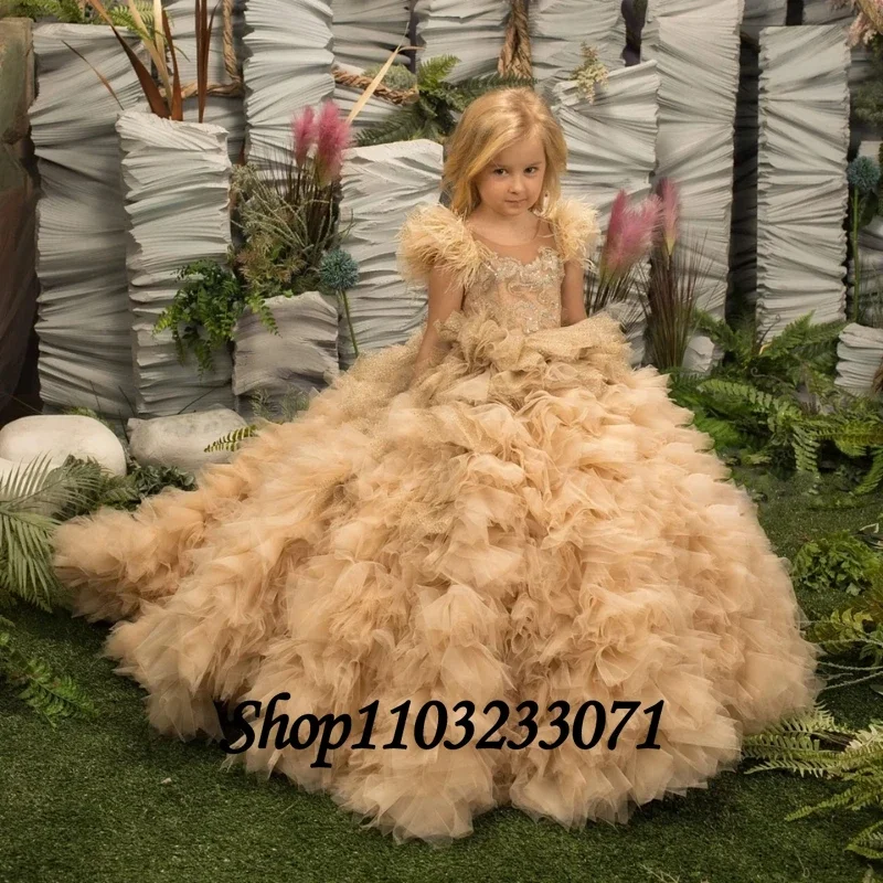 Customized Gorgeous Flower Girl Dress Lace Puff Sleeve Cute Child Kids Princess Birthday Festival Party First Communion Dress