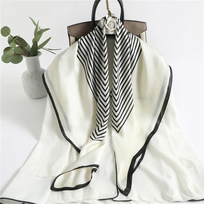 New Fashion Striped Silk Square Scarf 90*90cm Women Neck Hair Tie Band Bag Warp Soft Neckerchief Hijab Headscarf Foulard