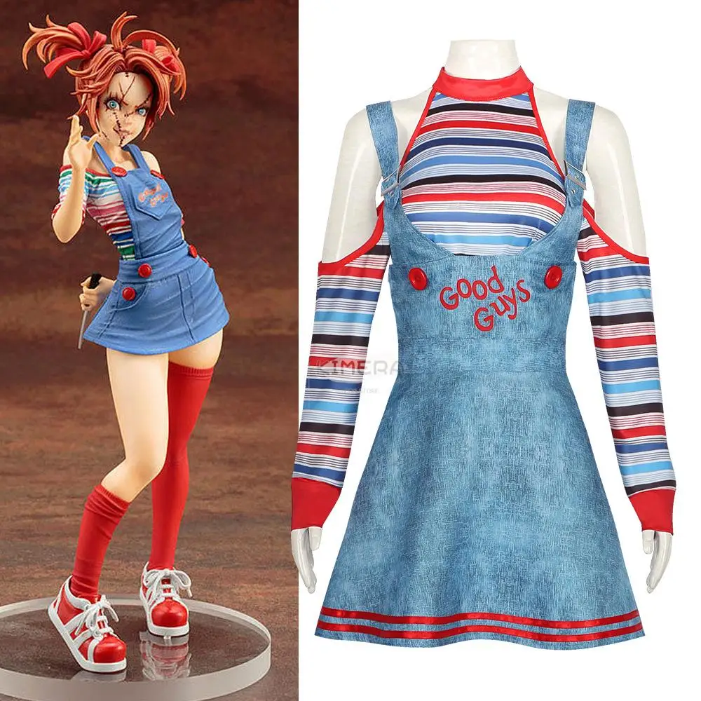 

Halloween Chucky Cosplay Overalls Costume Dress Cosplay Women Girls Outfit Scary Horror Doll Crazy Party Skirts