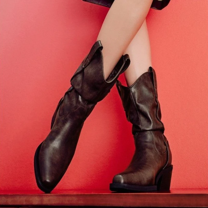 

Large Size Thick Heel Mid Leg Boots 2024 Autumn New European and American Western Knight Boots Pointed Casual Women's Shoes