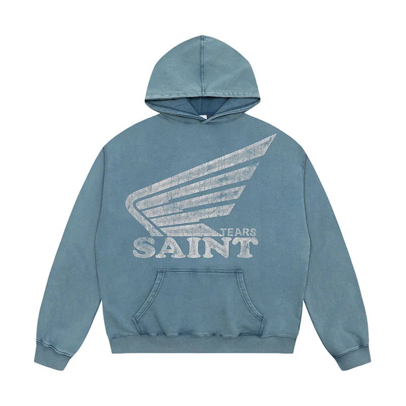 Men Women High Quality Cotton Washed Blue Black Saint Tears Hoodie Hip Hop Crack Letters Logo Print Pullovers Hooded Casual