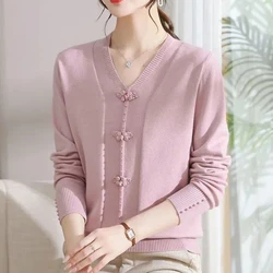 Autumn Winter Women's Solid Color Pullover V-Neck Sweater Knitted Long Sleeve Embroidered Flares Bow Elegant Chinese Style Tops