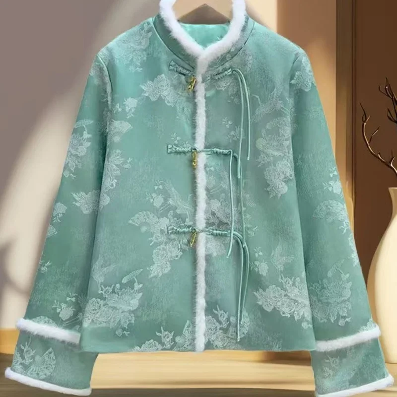

Осень-зима, новая куртка с цветочной вышивкой, женская хлопковая куртка в китайском стиле с воротником-стойкой, элитные меховые топы с лягушкой на пуговицах