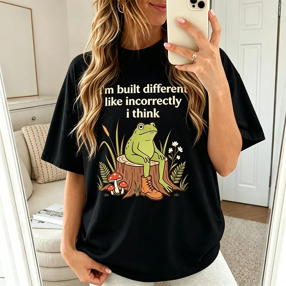 Funny Cottagecore Frog Mushroom Graphic T-shirt I'm Built Different Quote Unisex Oversized Short Sleeve Casual Tee Meme Top