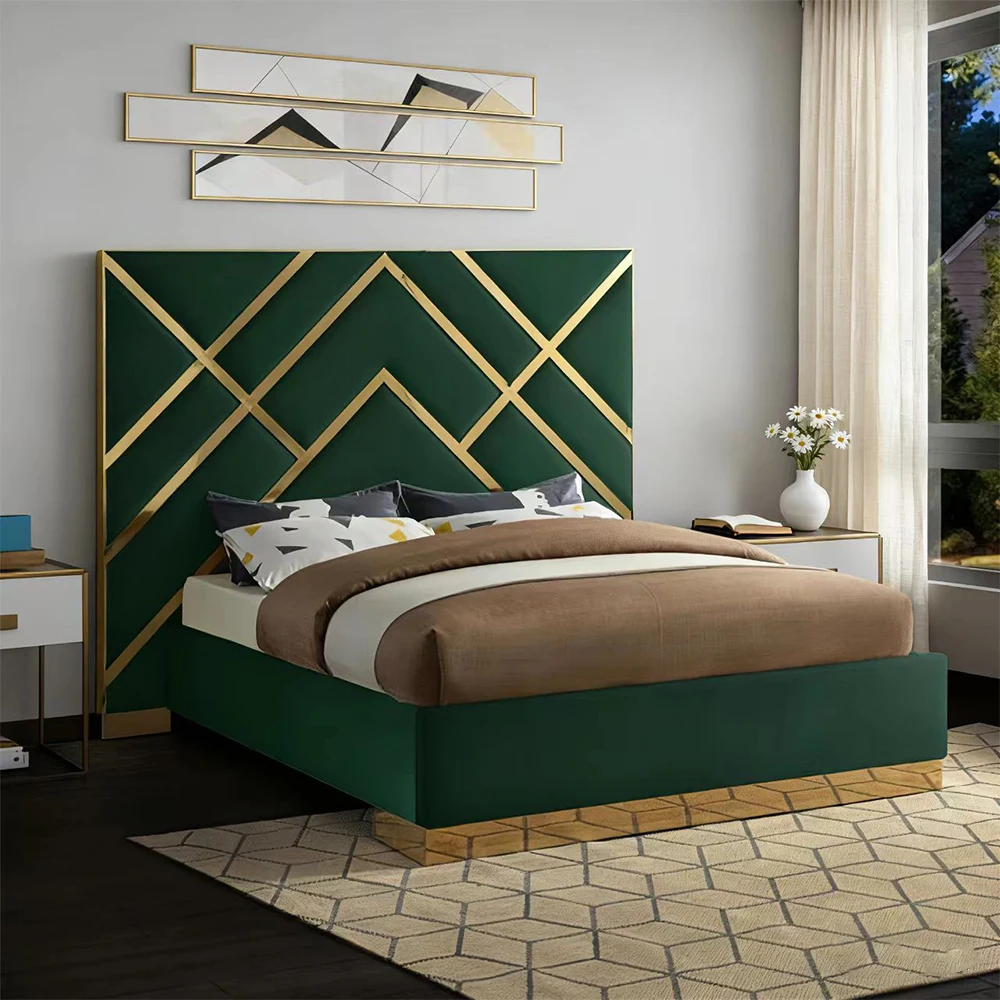 # High Quality Solid Wood Bed Frame Beige Color king Size Bed Frame Furniture with Industrial Metal Style Headboard