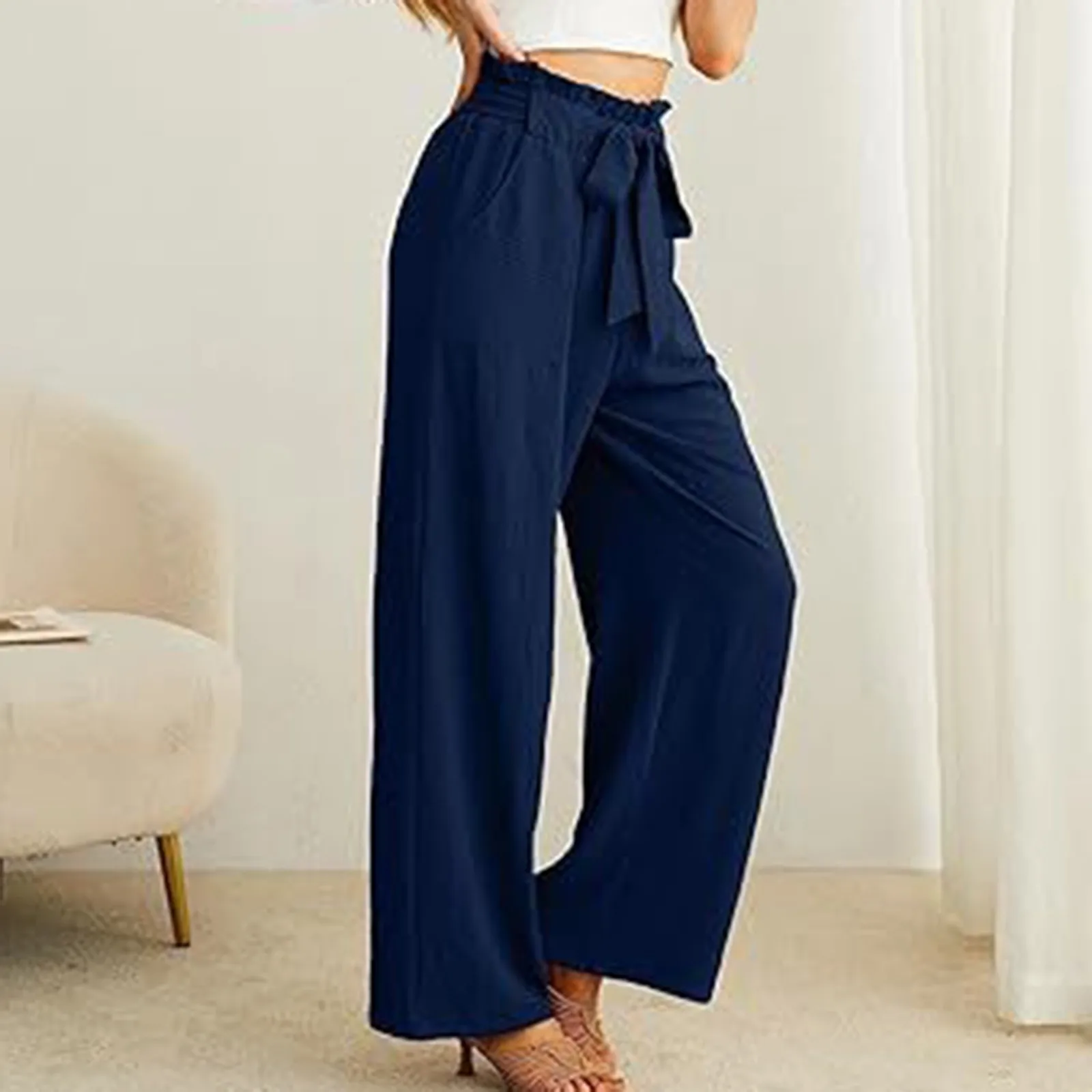 

Elegant High Waist Solid Work Trousers Fashion Summer Women Loose Wide Leg Pants Palazzo Oversized Bow Tie Long Pantalon