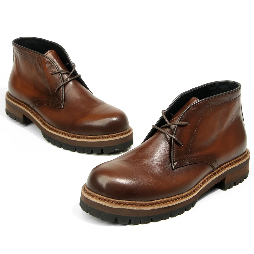Big Toe Boots Retro Polished Distressed Short Boots Genuine Leather Men\'s Shoes Fashionable High Top Boots