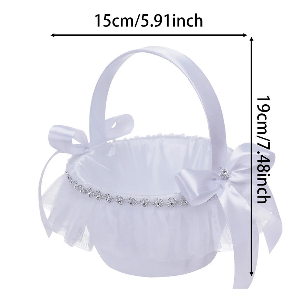 Elegant White Lace Wedding Flower Girl Basket with Rhinestones & Satin Bows, Bridal Shower & Wedding Ceremony Decor image 6