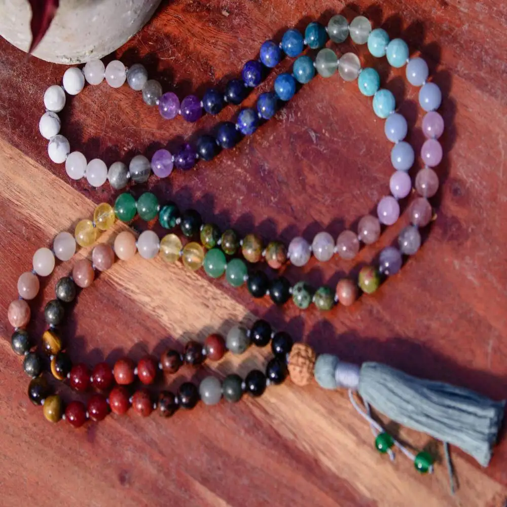 

Natural 7 Chakra Multi-Gemstone 108 Mala Beads Necklace with Mint Tassel Healing Balancing Energy Jewelry