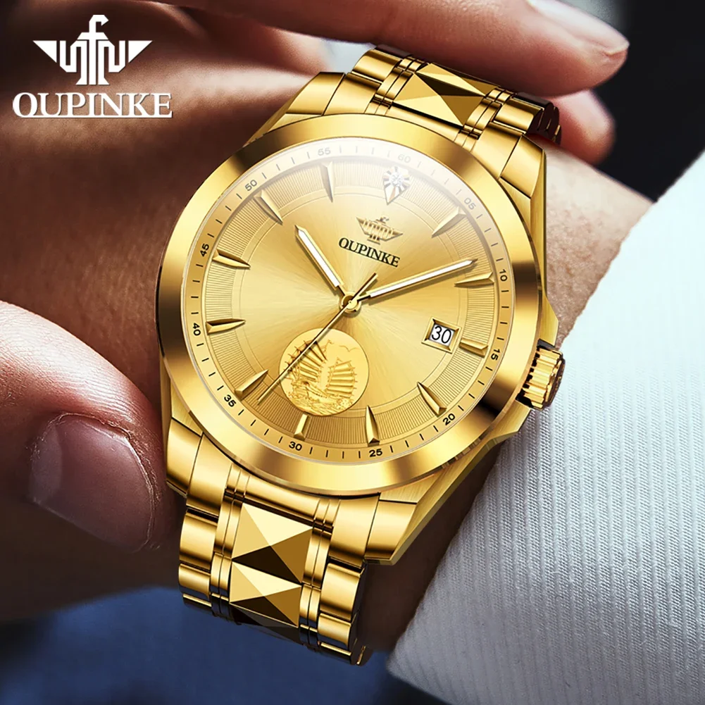 OUPINKE Original Luxury Automatic Watch for Men Luminous Waterproof Sapphire Gold Wristwatches Diving Watch Mechanical Watch