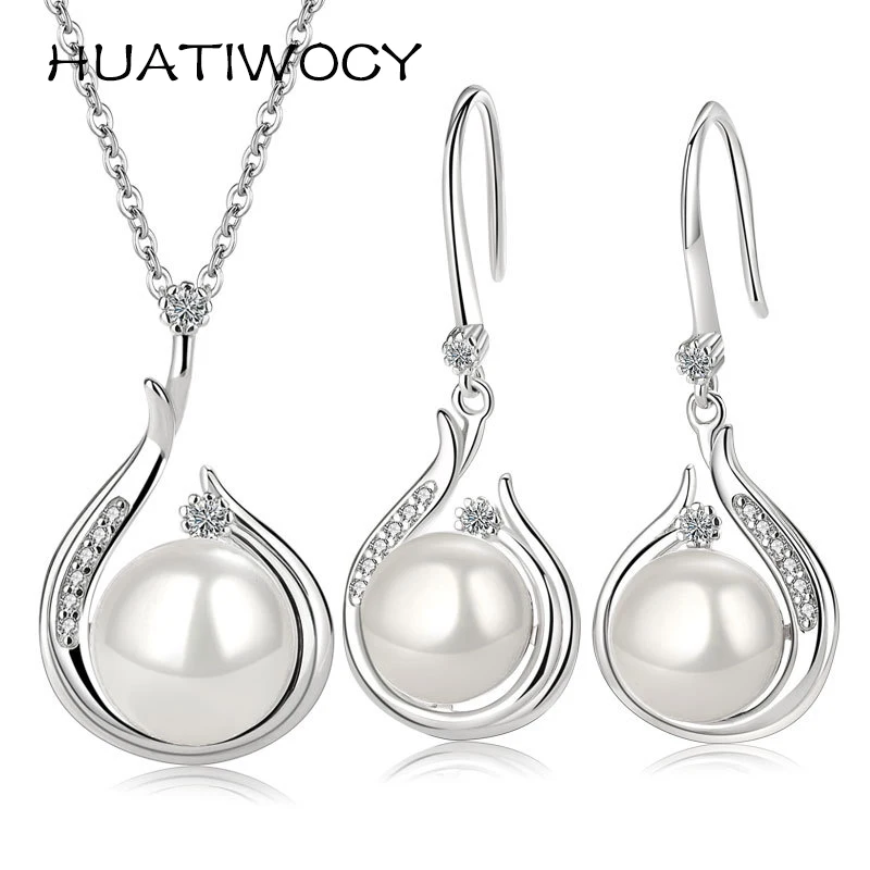 

HUATIWOCY Trendy Pendant Necklace Earrings with Pearl Zircon 925 Silver Jewelry Set for Women Wedding Party Gift Accessories