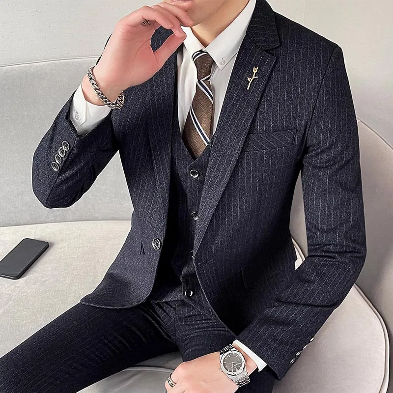 3 Pcs Suit Set Blazers Coat Pants Vesy / 2024 Fashion New Men Casual Boutique Business Slim Striped Formal Dress Jacket Trousers