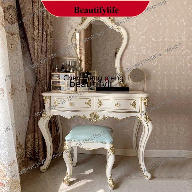 D178  European dresser solid wood carving flower beauty French light luxury bedroom pearl white lord makeup table small apartmen