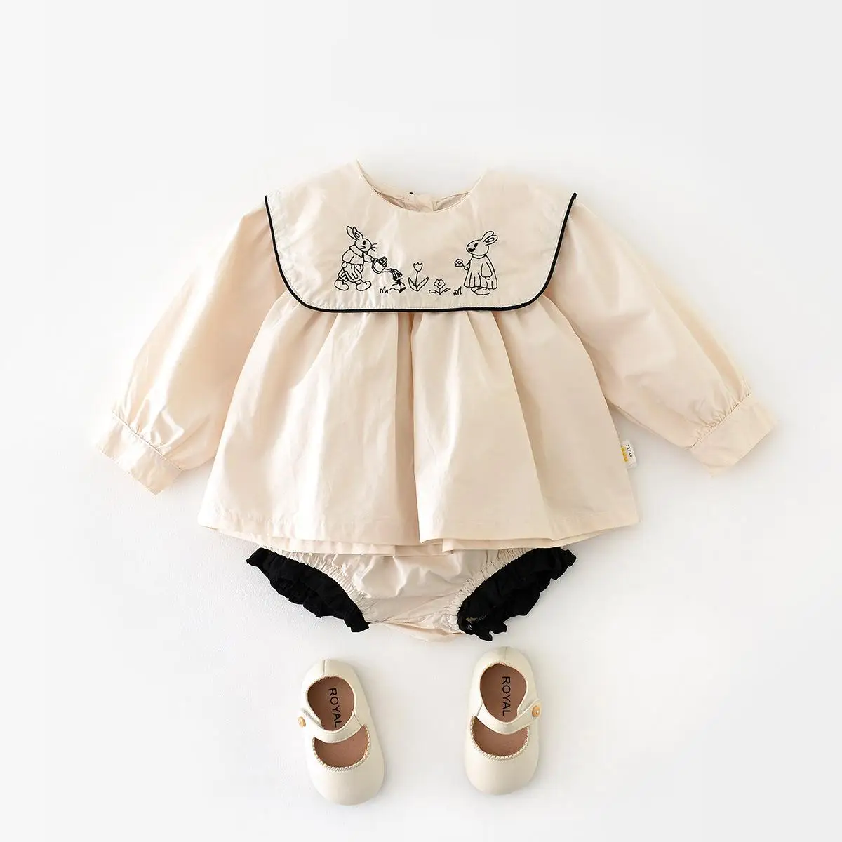 

2024 Newborn Spring Clothes Girl Baby Cartoon Rabbit Tops + Shorts 2pcs Children Fashion Lapel T-shirt Set Kid Cotton Tees Suit