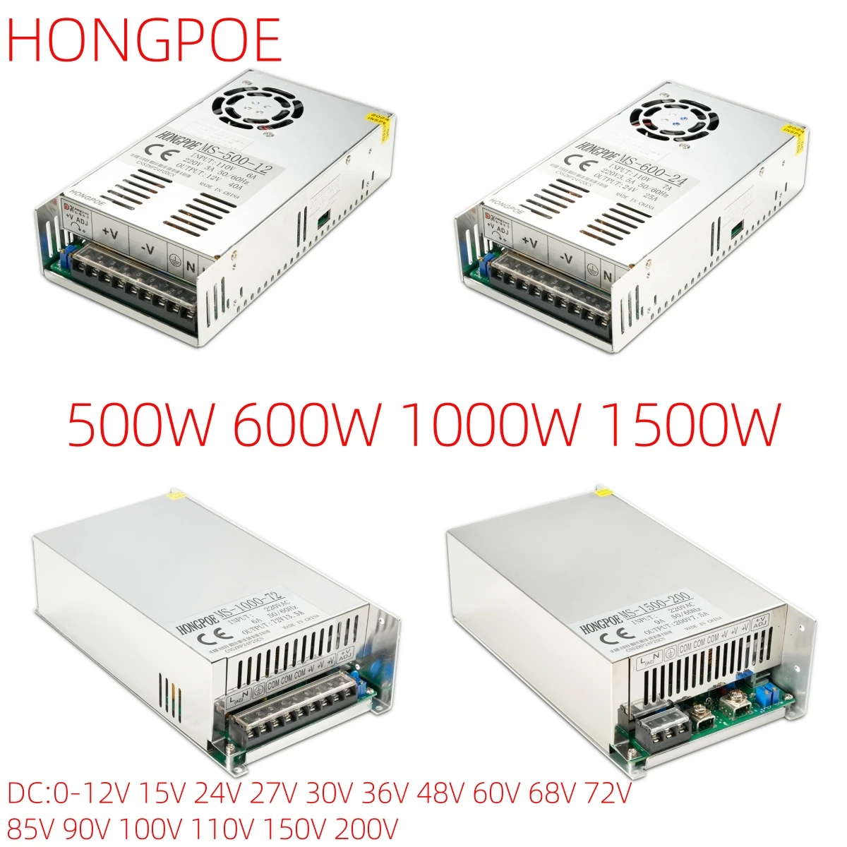 

Adjustable 500W 600W 1000W 1500W Power Supply 0-12V 15V 24V 36V 48V 60V 72V 85V 90V 110V 150V 200V 110/220V Ac To Dc Smps