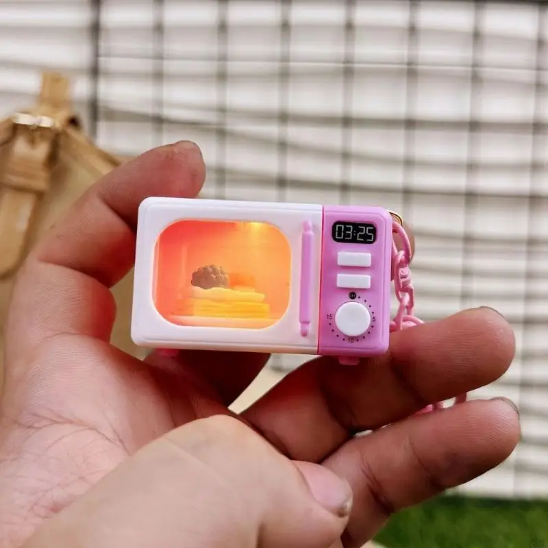 C90F 미니어처 오븐 전화 매력이있는 음향 효과 및 어린이 역할을위한 LED 조명 역할 재생 척 주방 장난감 ABS 키 체인 액세서리