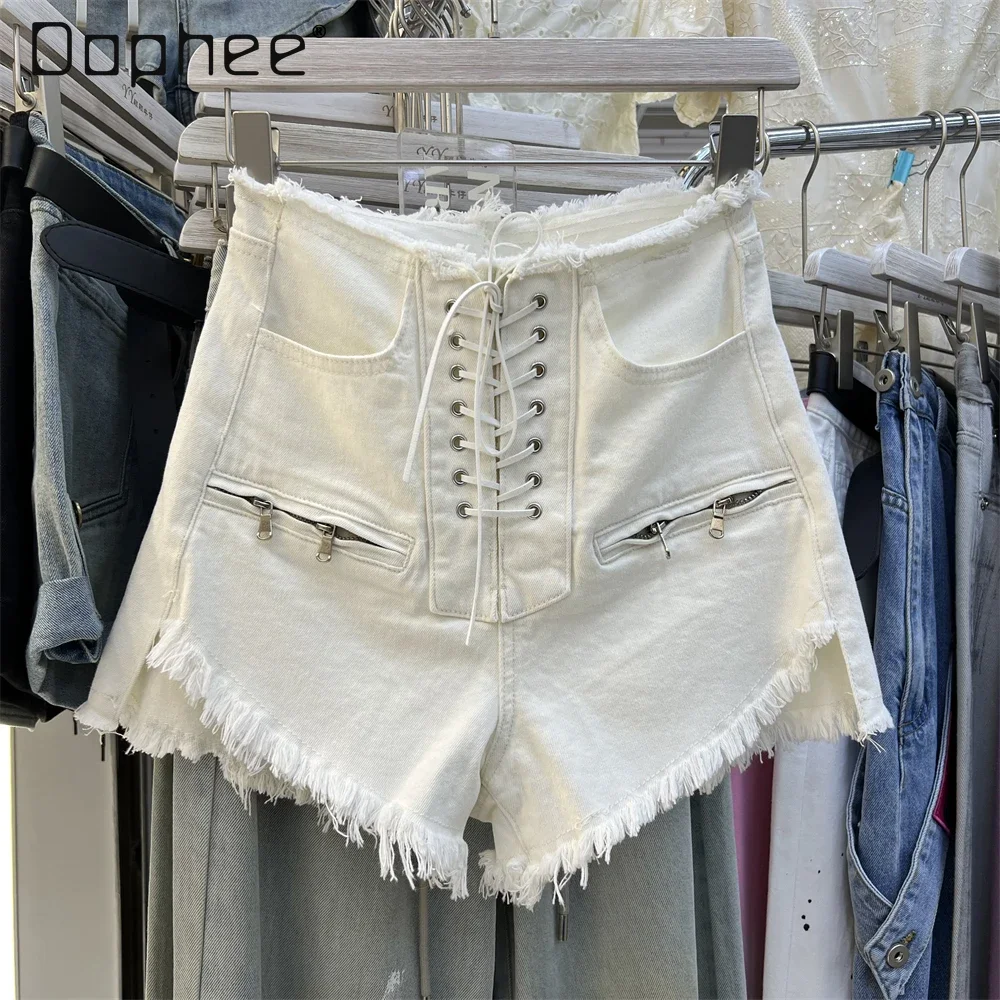 

Bandage High Waist Denim Shorts Raw Edge Wide Leg Zipper A Line Jeans Short Pants Pockets Slim Summer Casual Solid Sexy