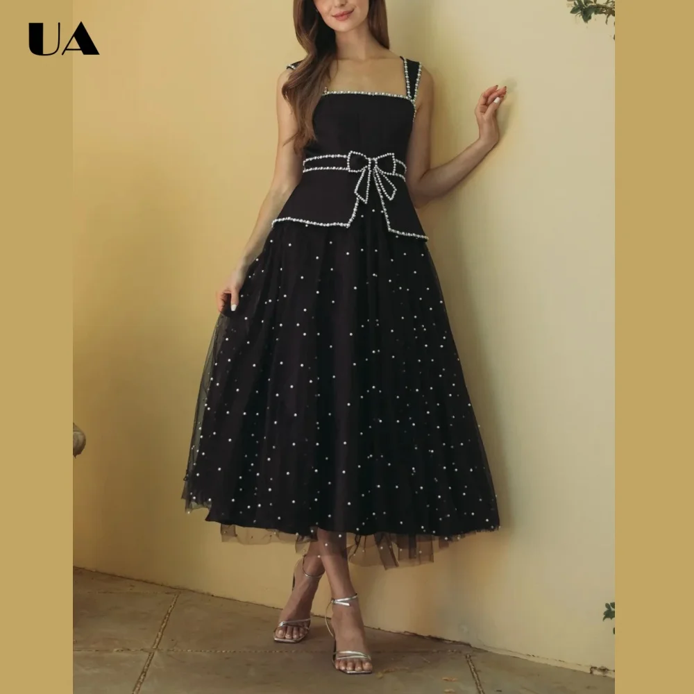 ULBYANRY Exquisite Beading Prom Dress for Women Elegant Spaghetti Strap Cocktail Party Dress Customized Mesh Wedding Guest Dress