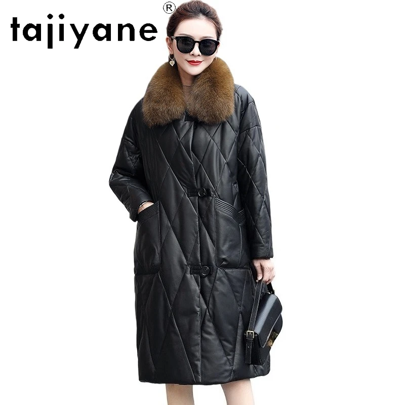 TAJIYANE 100% Skóra Owcza Kurtka Puchowa z Kaczym Puchem Damska Luksusowa Kurtka z Kołnierzem z Futra Lisa Płaszcz z Prawdziwej Skóry Odzież Zimowa Damska 2025 코트