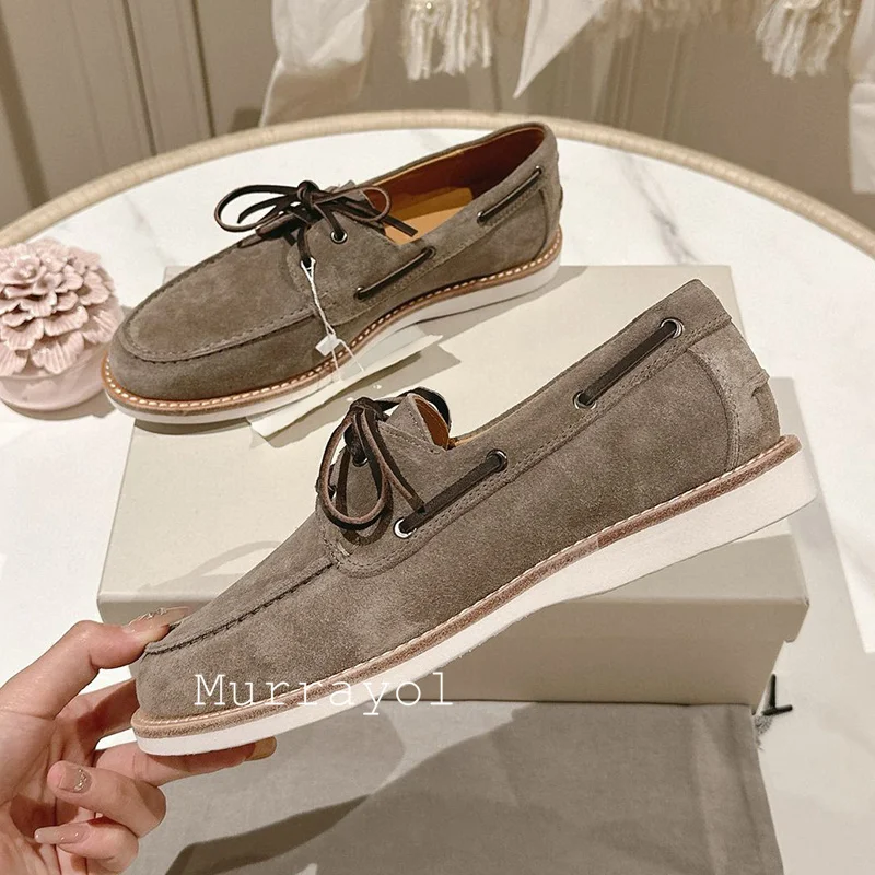 New Round Toe Lace-up Flat Shoes Cow Suede Lazy Loafers Spring Autumn Comfort Retro Walking Shoe Unisex Business Office Shoes