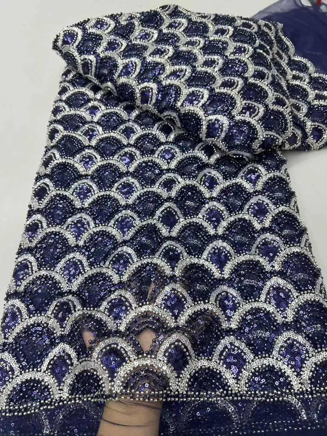 

High-End Handmade Beaded Lace Fabric Embroidery Beads Nigerian Sequins Embroidery Mesh Lace Fabrics For Wedding Dresses Party